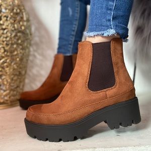 Chestnut / Black Faux Suede Biker Platform Booties